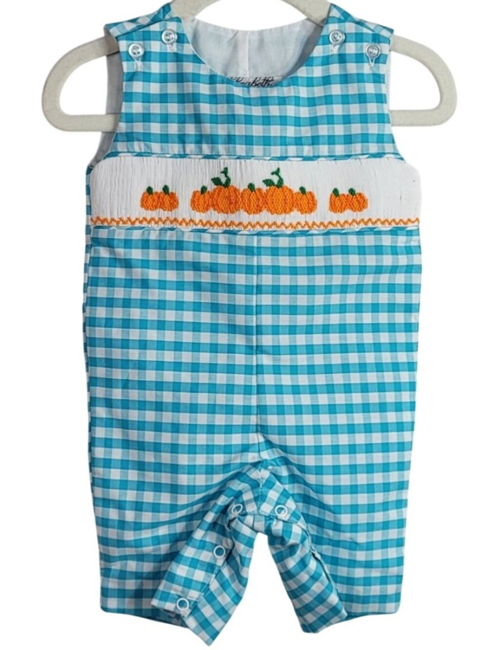 Elizabeth Ann Pumpkins Halloween One Piece Blue Newborn Gingham Embroidered